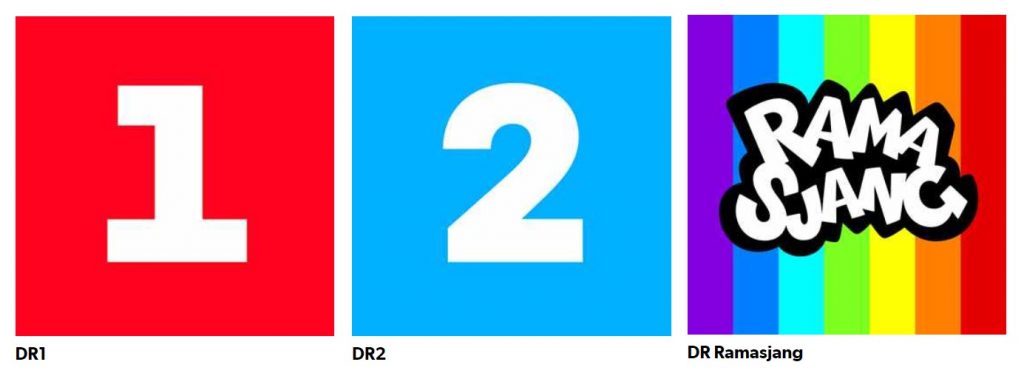 Logoer for de tre DR kanaler som stadig kan ses med antenne, nemlig DR1, DR2 og DR Ramasjang
